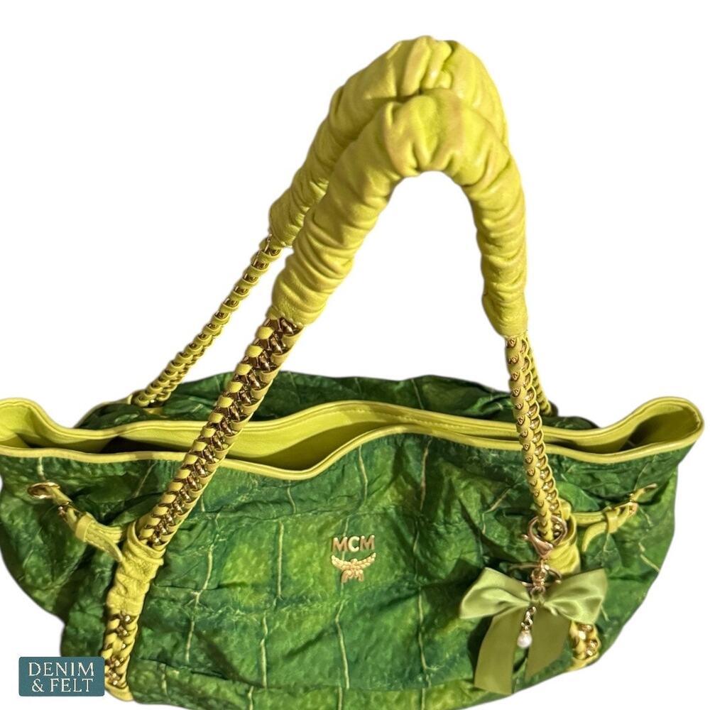 MCM Green Leather Shoulder Bag Gold Chain Handles Vintage Rare Purse Tote - Picture 9 of 16